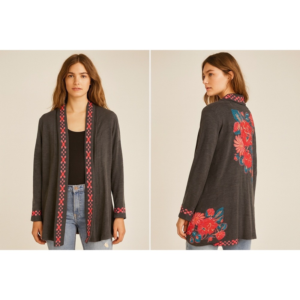 J.JILL Duster Cardigan Stretch Boho Floral Embroidered‎ Thick Cotton Pockets